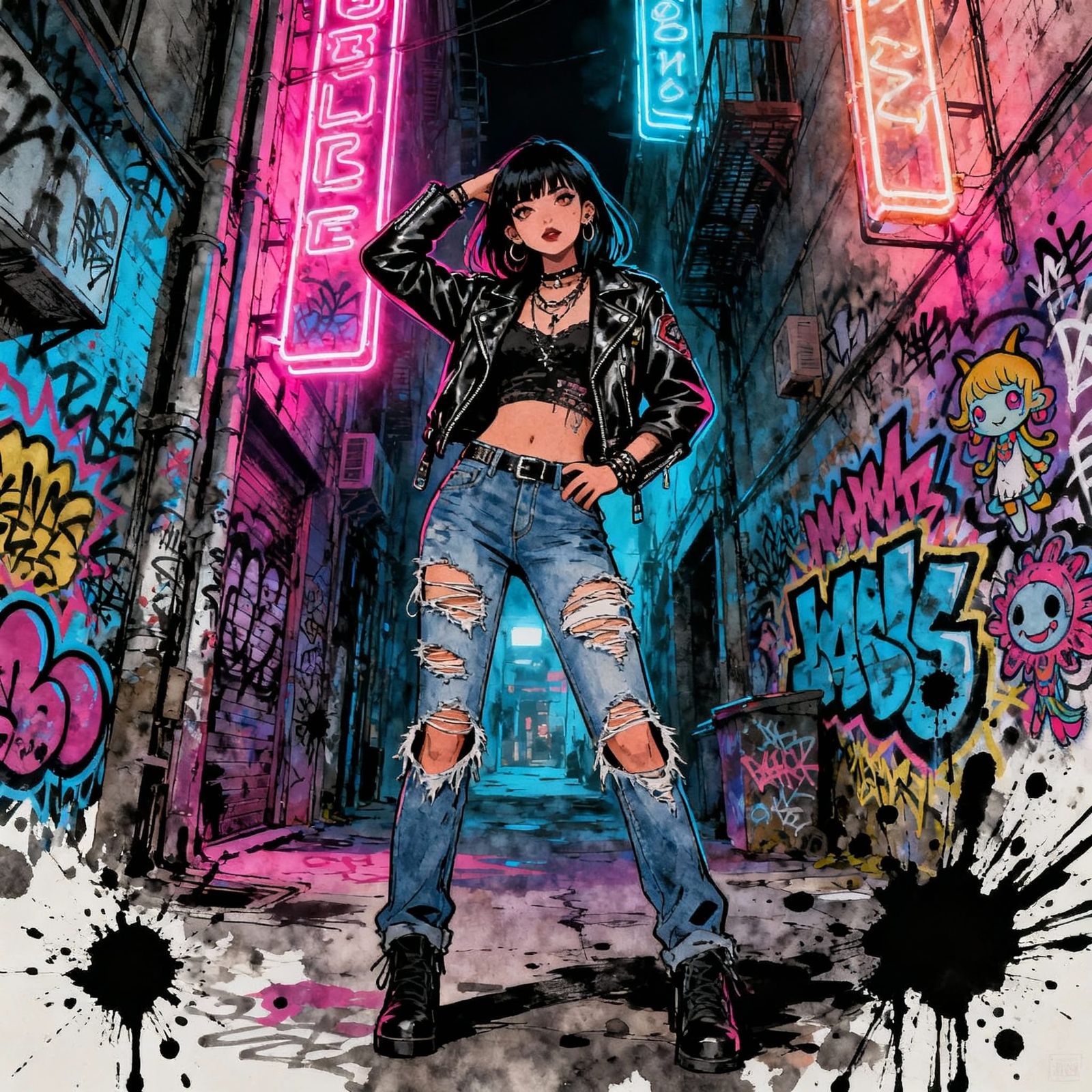 Young Woman in Neon Alley with Street Style