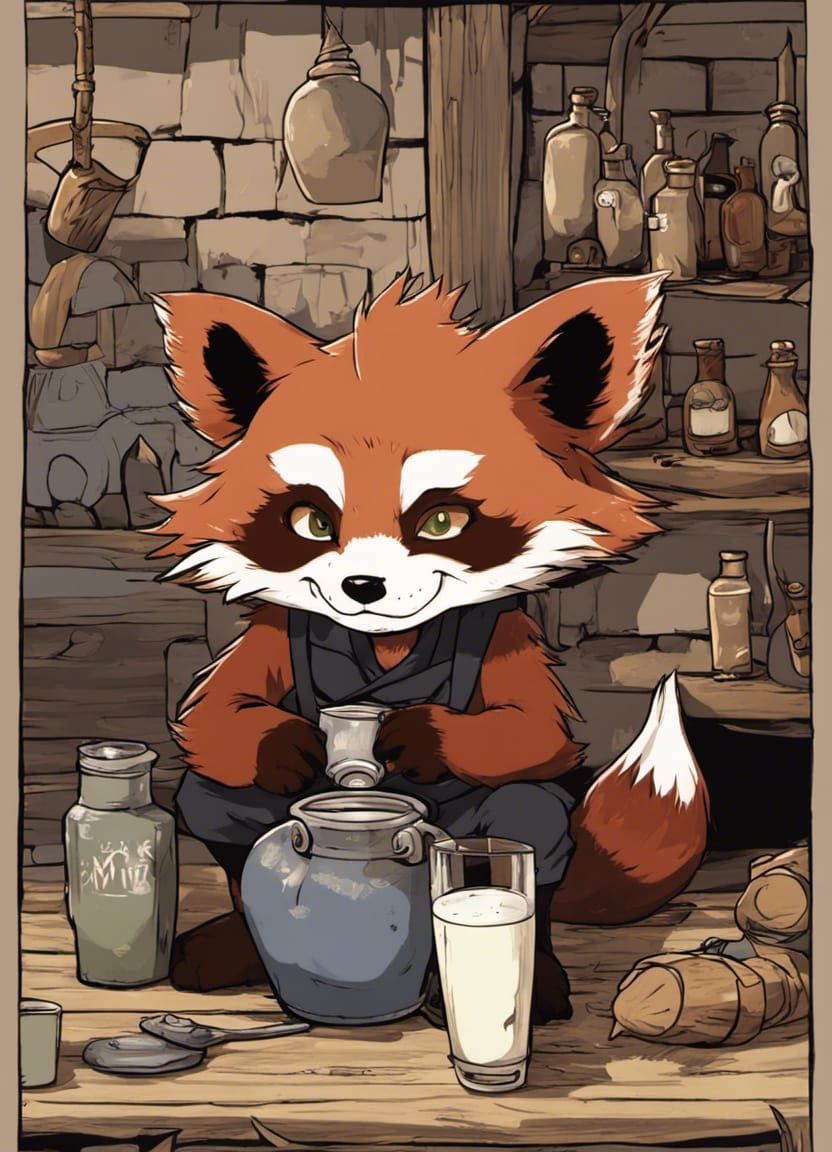 Drunk Red Panda in Tavern, Cel-Shading Style