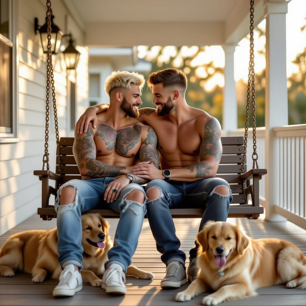 Gay Couple Hugs Golden Retrievers on Villa Porch