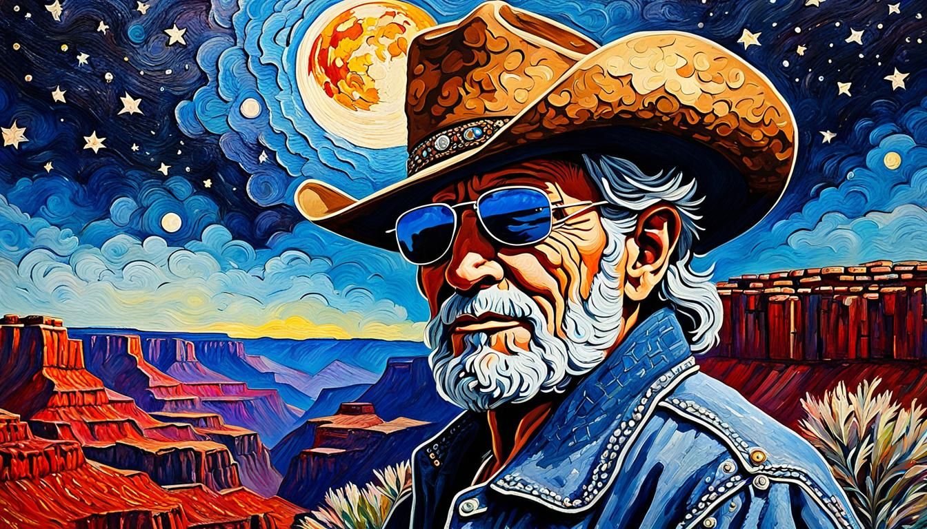Willie Nelson in Rembrandt Style, Grand Canyon Backdrop