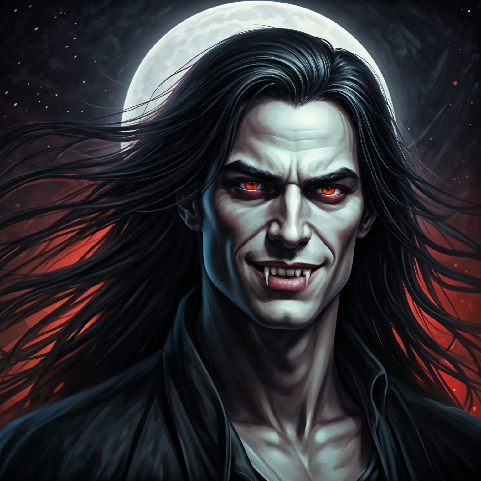 Vampire Man in Hyperrealistic Splendor Under Full Moon