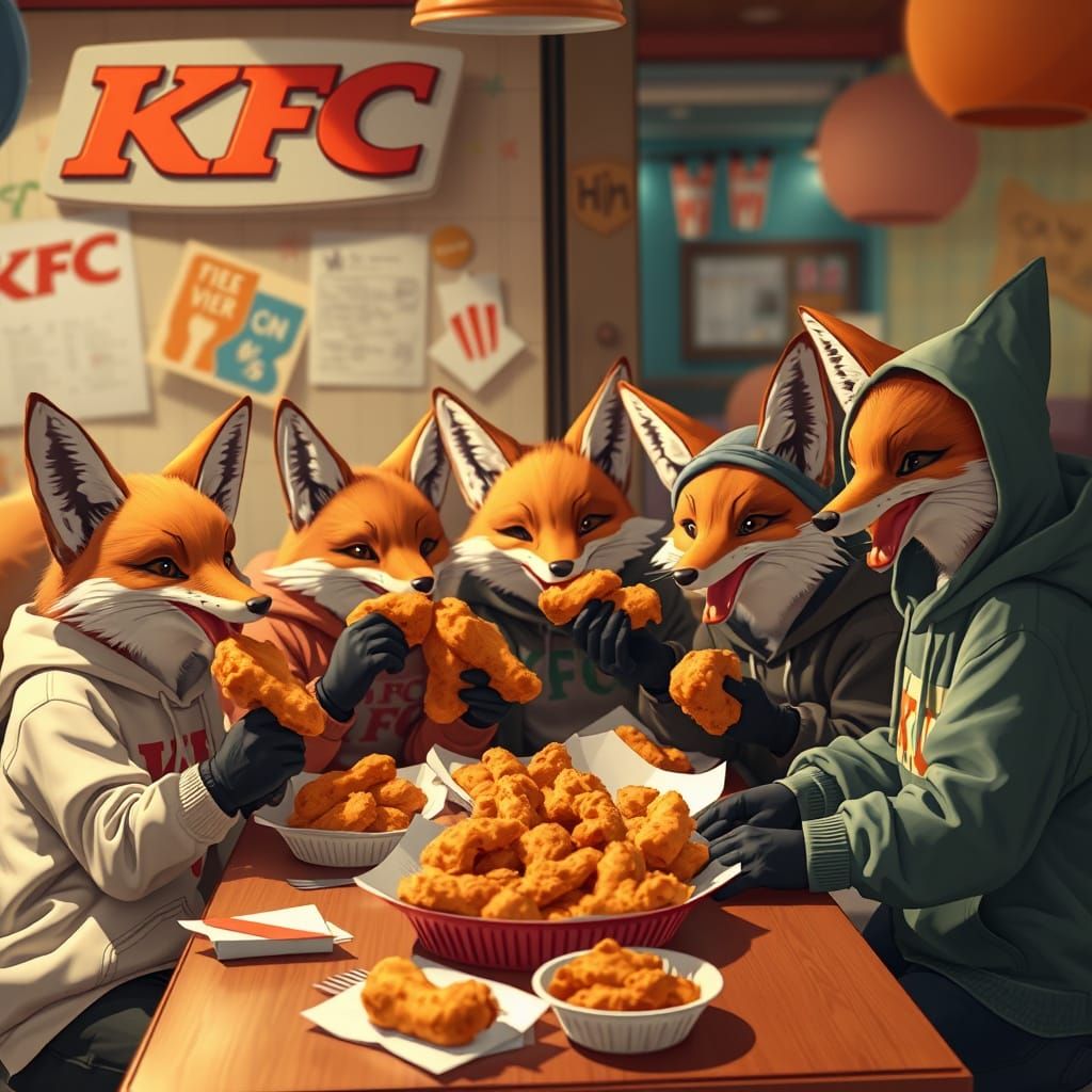 Foxes Enjoying KFC: Digital Painting in Loish Style