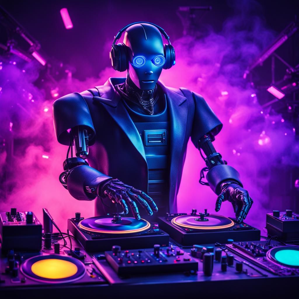 Robot DJ in Smokey Club with Neon Lights