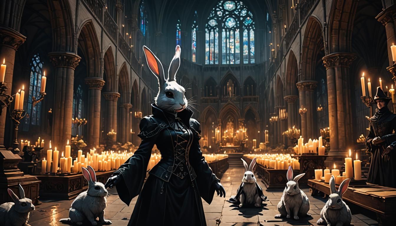 Gothic Cathedral: Anthropomorphic Bunnies in Anime Style