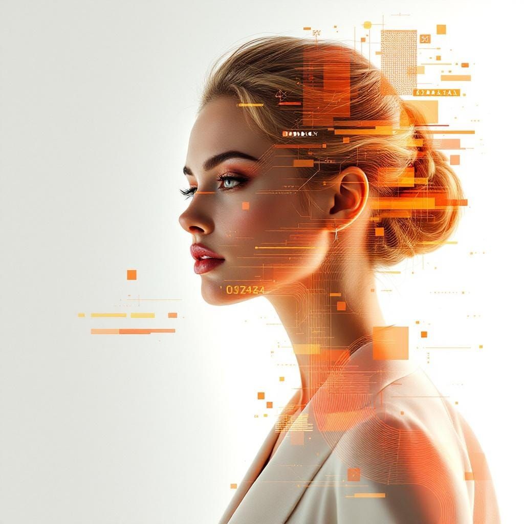 Elegant Woman with Digital Glitch Effects in Double Exposure
