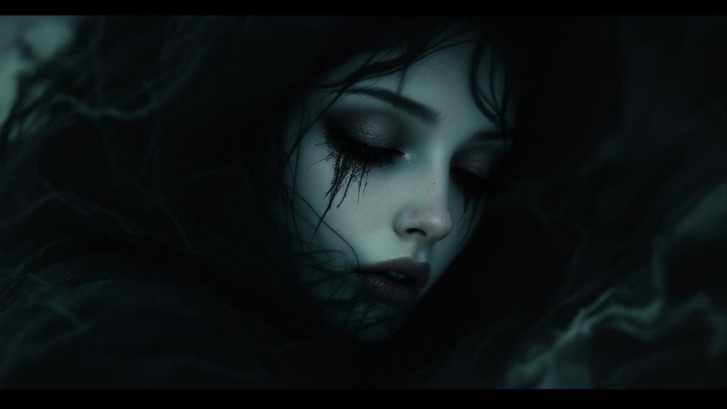 Eerie Porcelain Woman in Gothic Horror Style