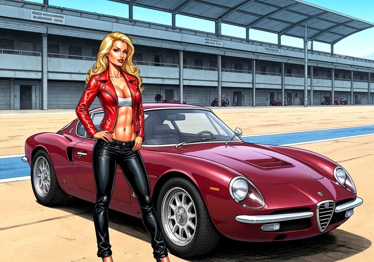 Pinup Model Poses With Retro Modern Sports Car