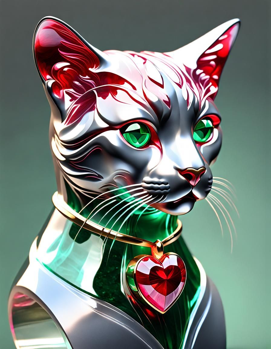 Glass Cat Statue with Pink Marbles, Art Nouveau