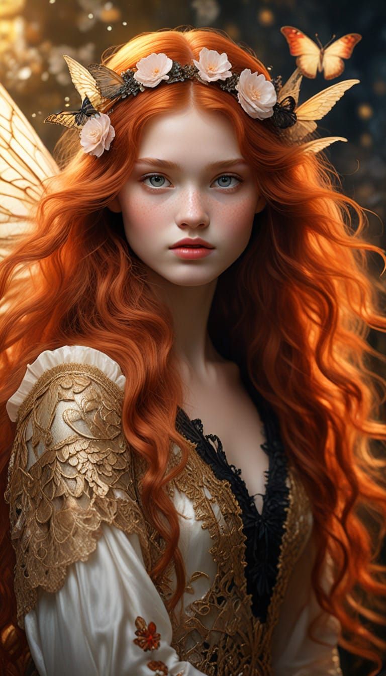 Angel in Red Hair with Black Wings and Flowers, in Golden Ho...