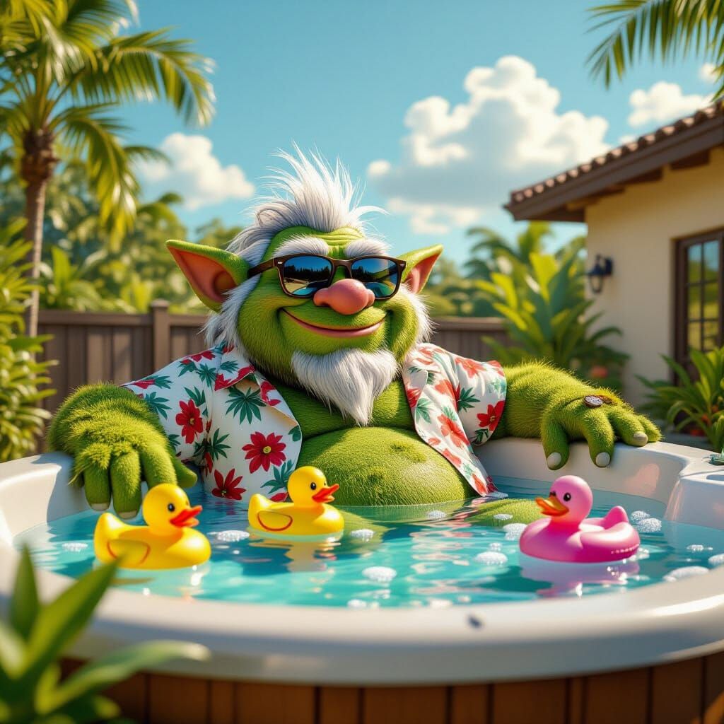 Troll in Hot Tub: Photorealistic Whimsical Scene