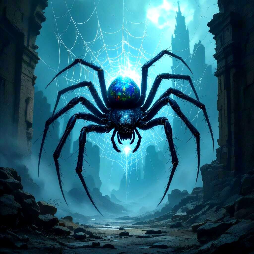 Ancient Spider Weaving Starlight in Gothic Ruins