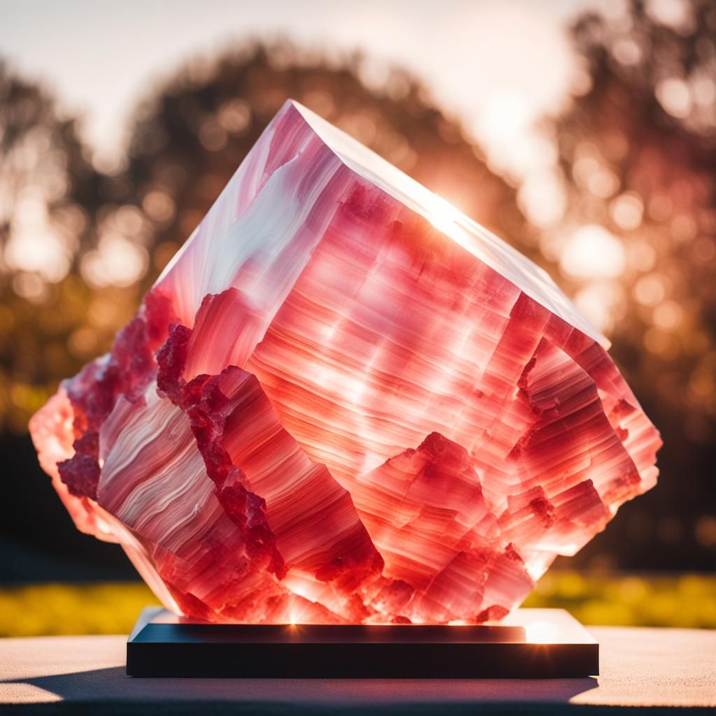 Rhodochrosite Crystal Sculpture in Sunlight: Polaroid Photo