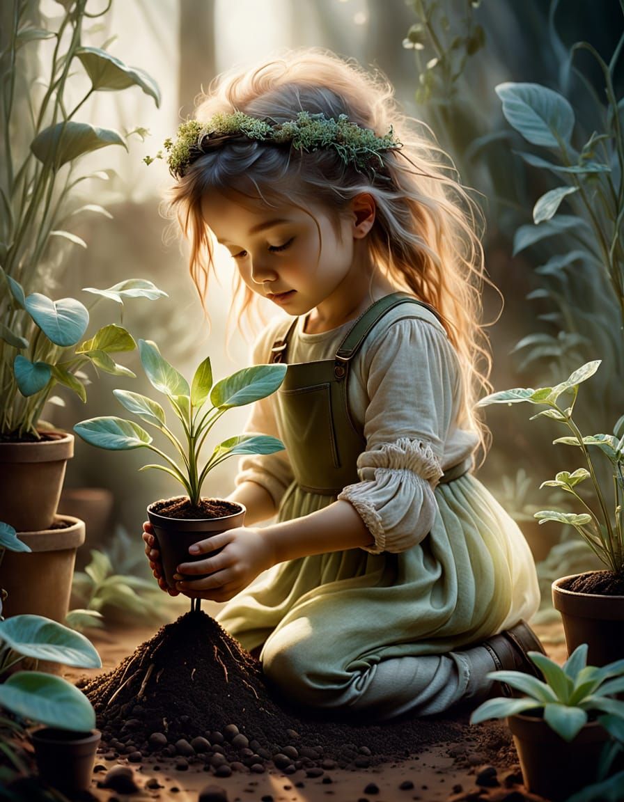Toddler Planting Seedling in Ethereal Fantasy Art
