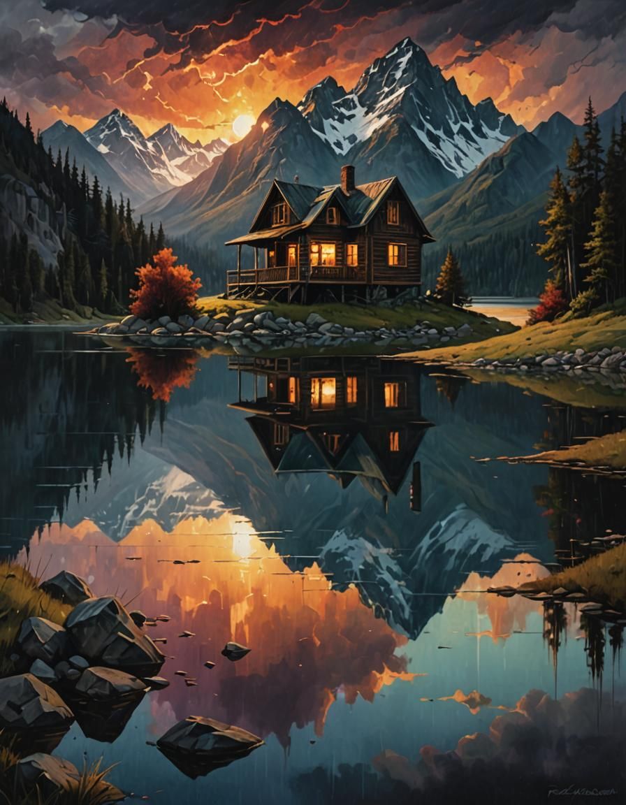 Sinister Landscape: Rustic House by Lake, Greg Rutkowski Sty...