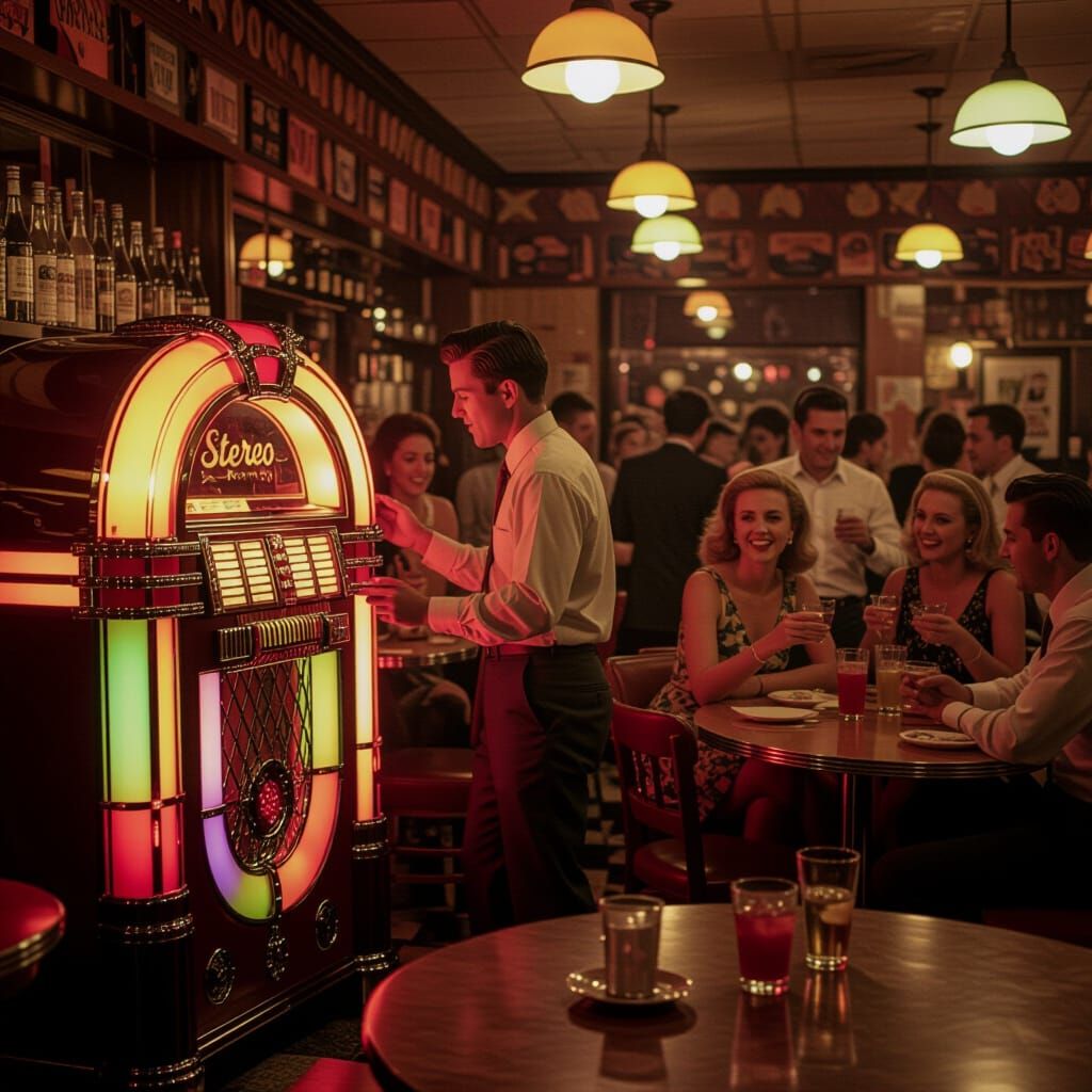 1960s Restaurant Jukebox Scene with Dancing Patrons