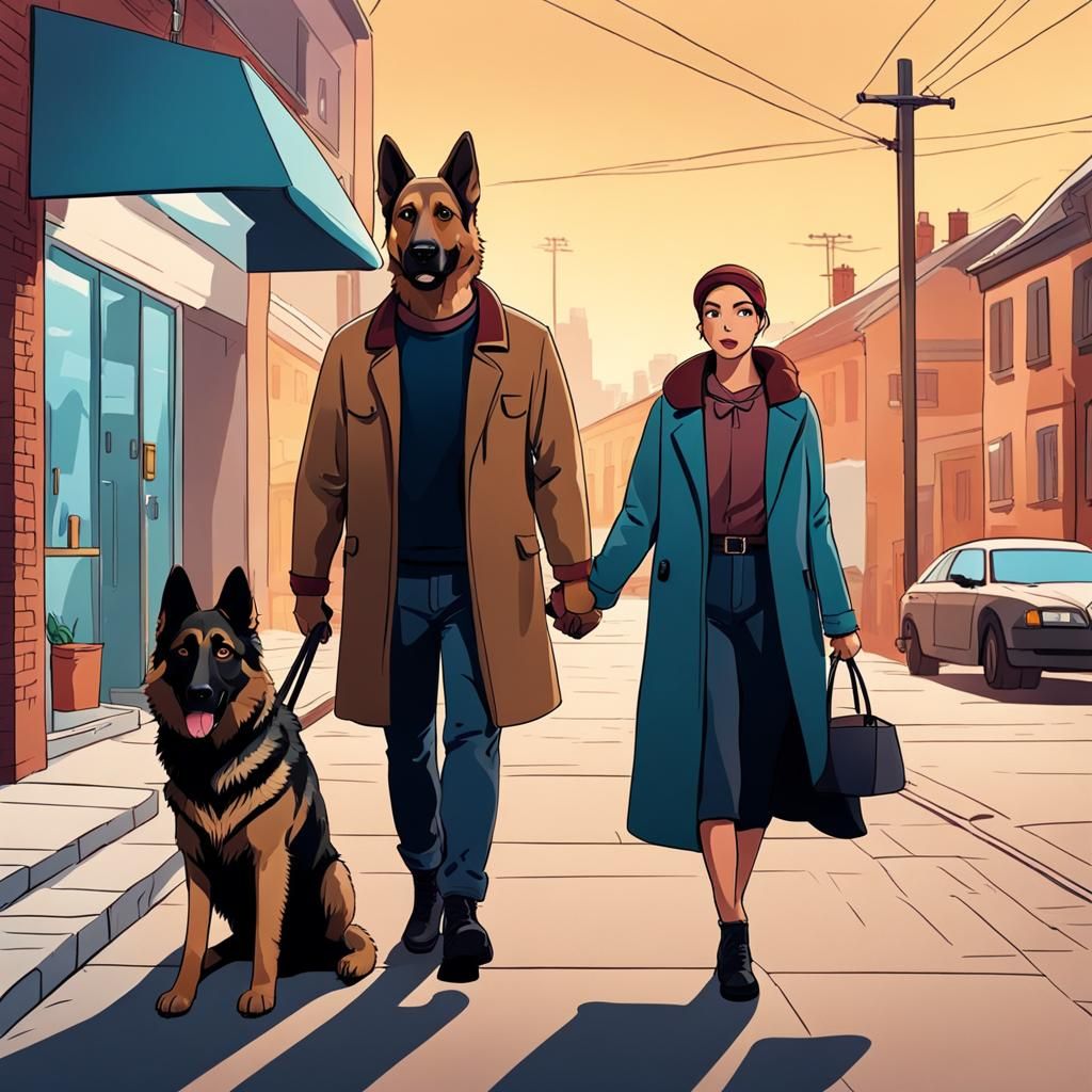 Anthropomorphic German Shepherd Walks with Woman