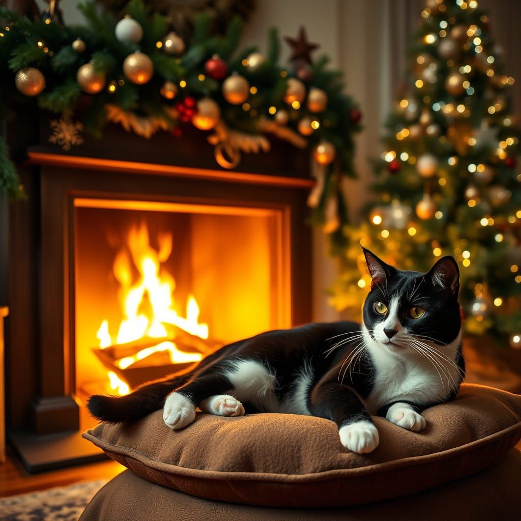 Cozy Christmas Cat by the Fire