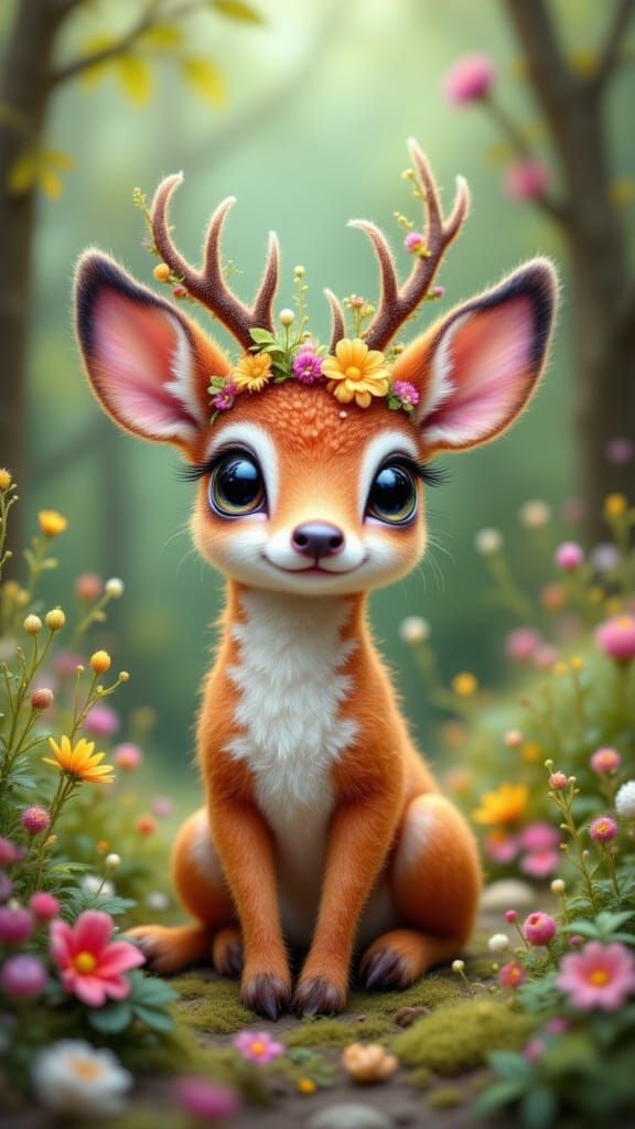 Felt Baby Deer in Magical Forest, Watercolor Style
