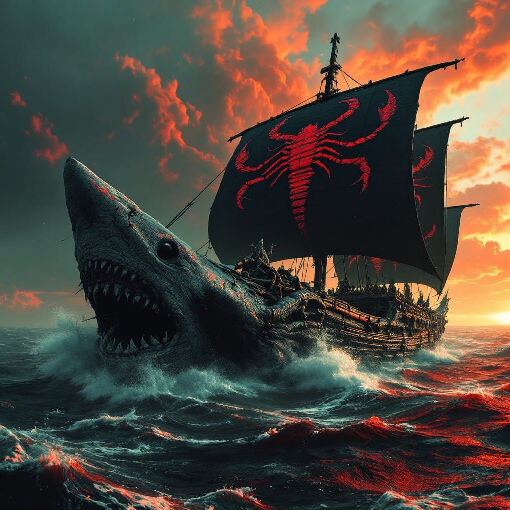 Gothic Colossal Ship Sails Through Crimson-Red Sea