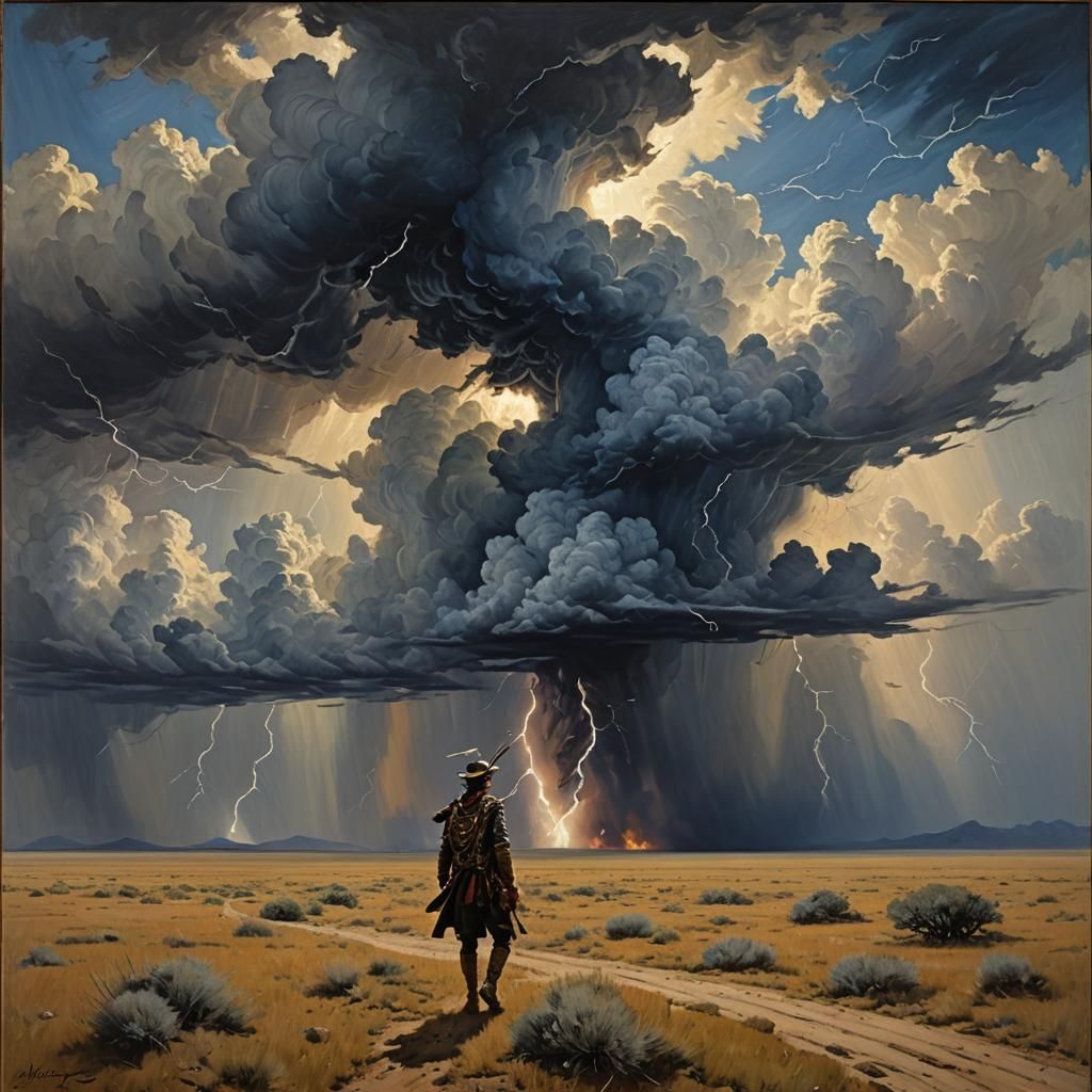 Dramatic Steppe Storm in Oil Painting Style