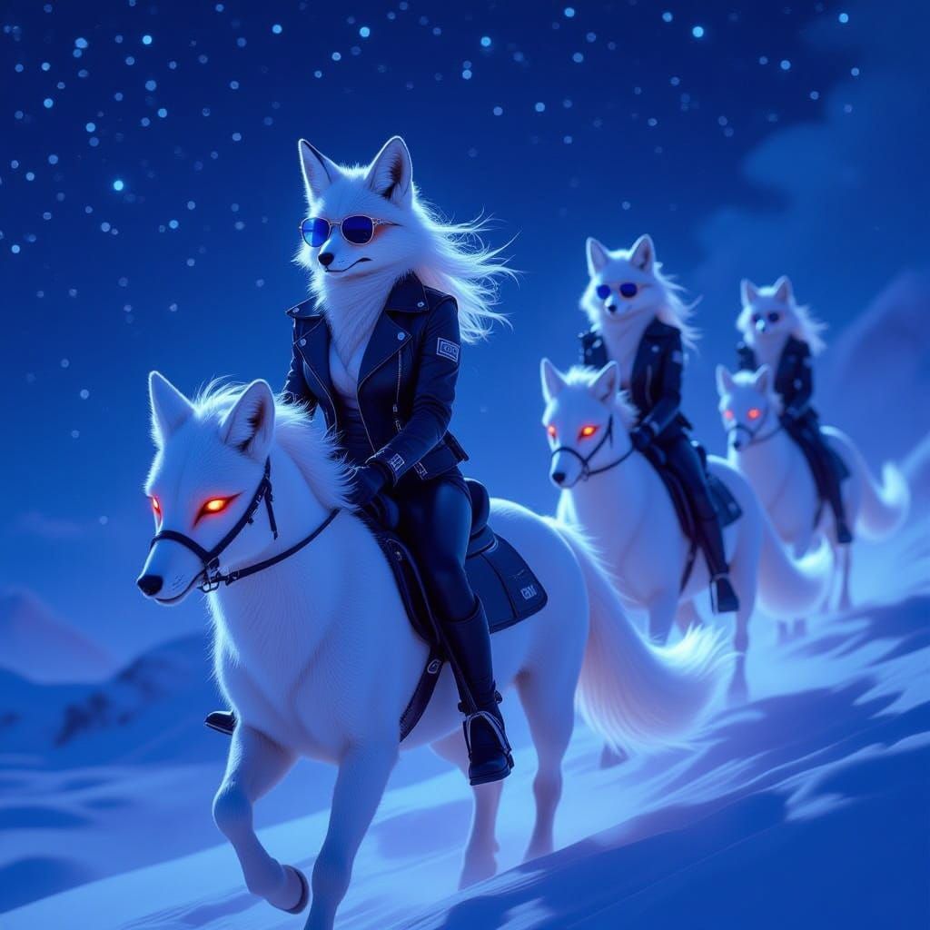 Ghostly Fox Riders in Spectral Night Sky