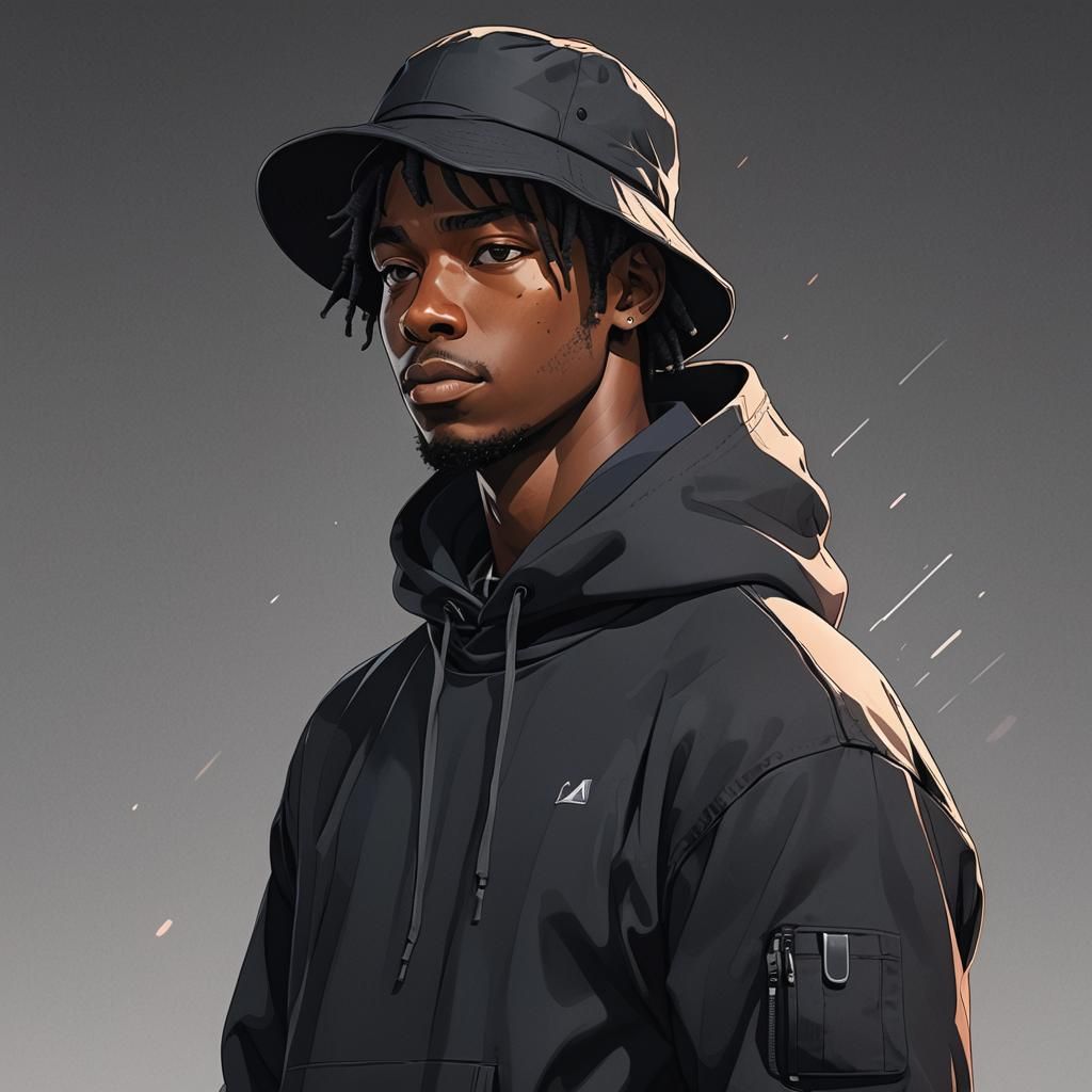 Anime Style Black Man in Hoodie