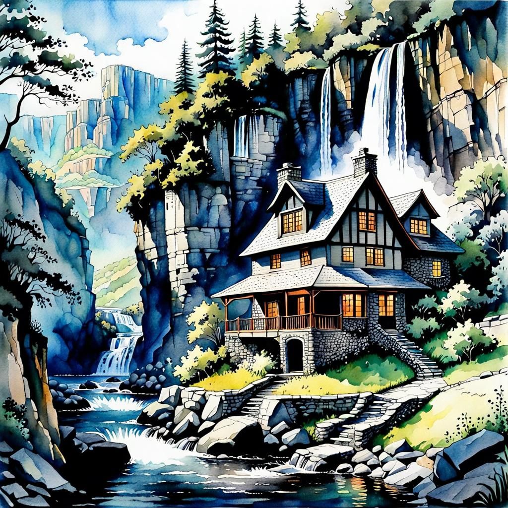 Cottage Overlooking Ravine in Hyperdetailed Watercolor and I...