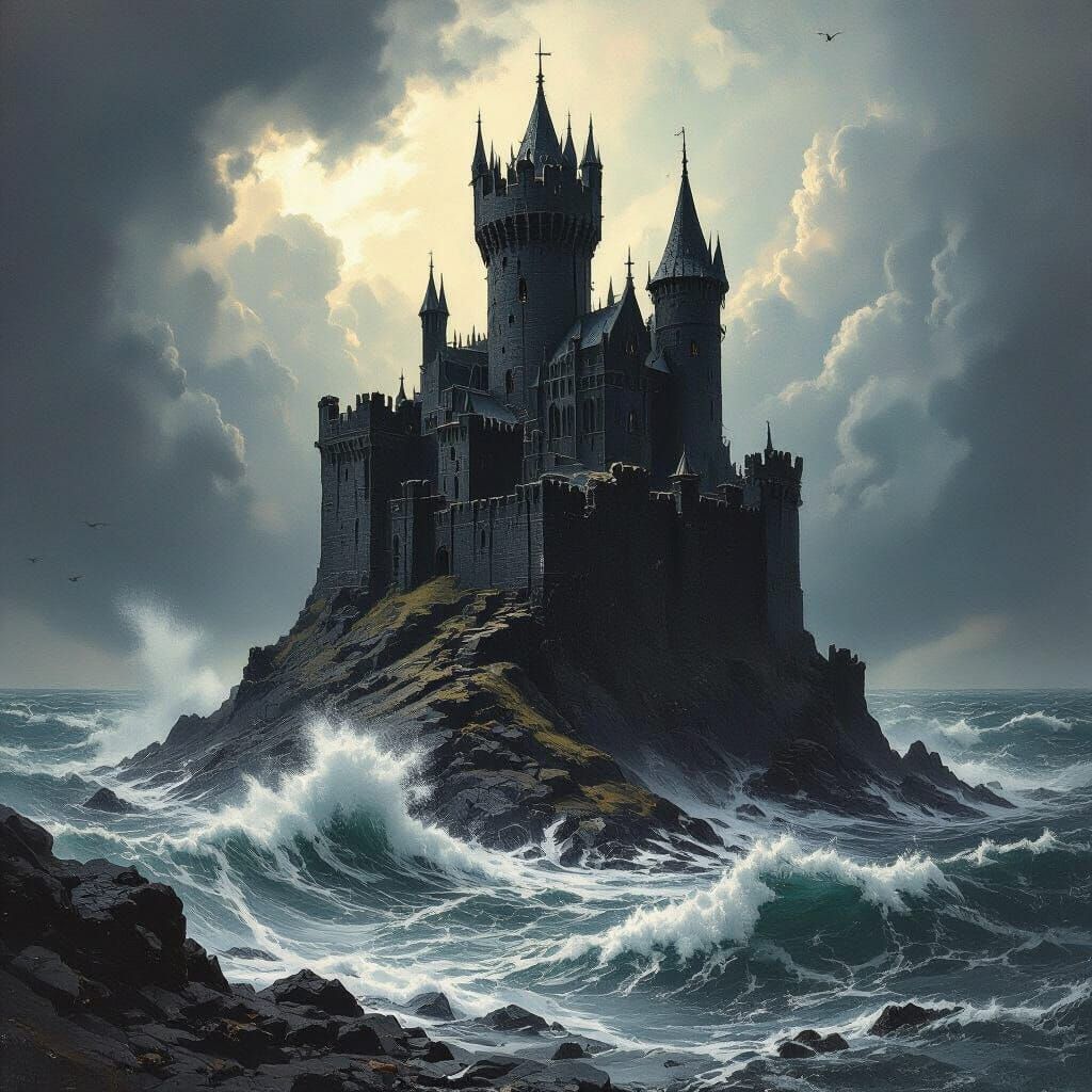 Gothic Castle on Jagged Island in Stormy Seas