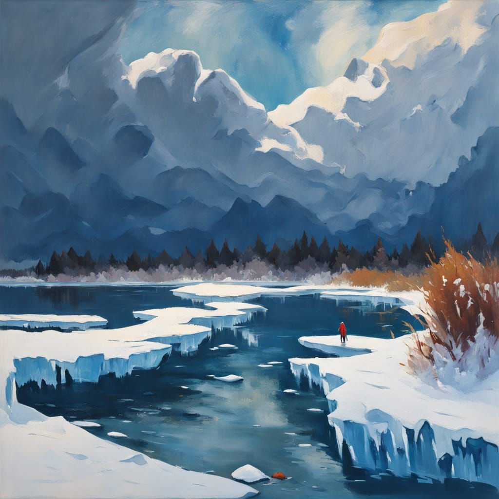 Impasto Gouache Painting of Solitary Ice Fisher