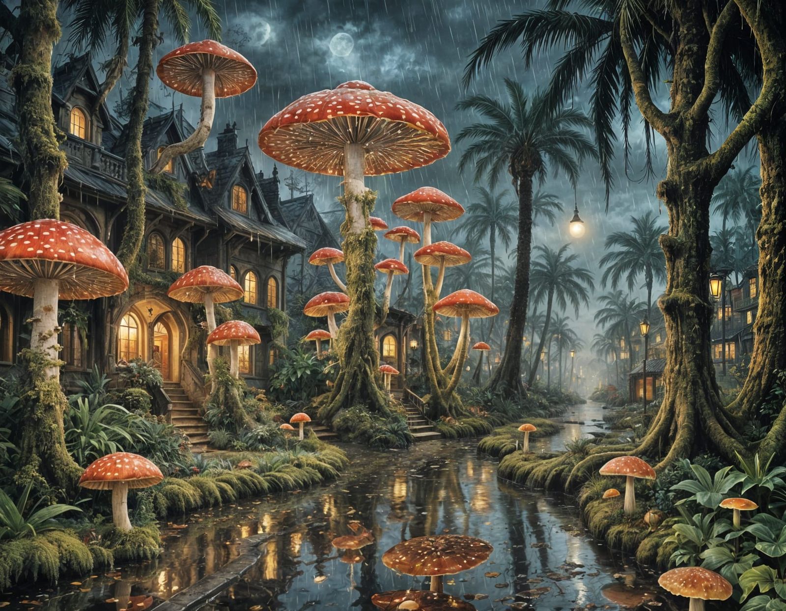 Gothic Surrealism: Rainy Night Fantasy Landscape