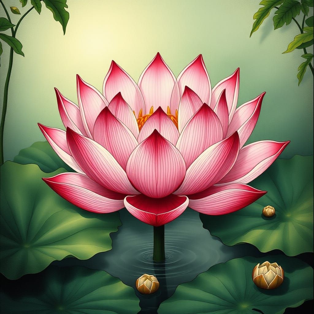 Blossoming Lotus in Whimsical Art Nouveau Style