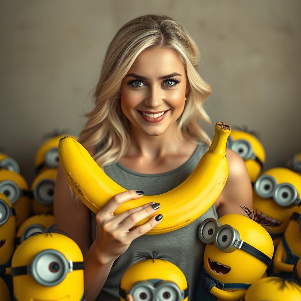 Blonde Woman with Banana Surrounded by Minions