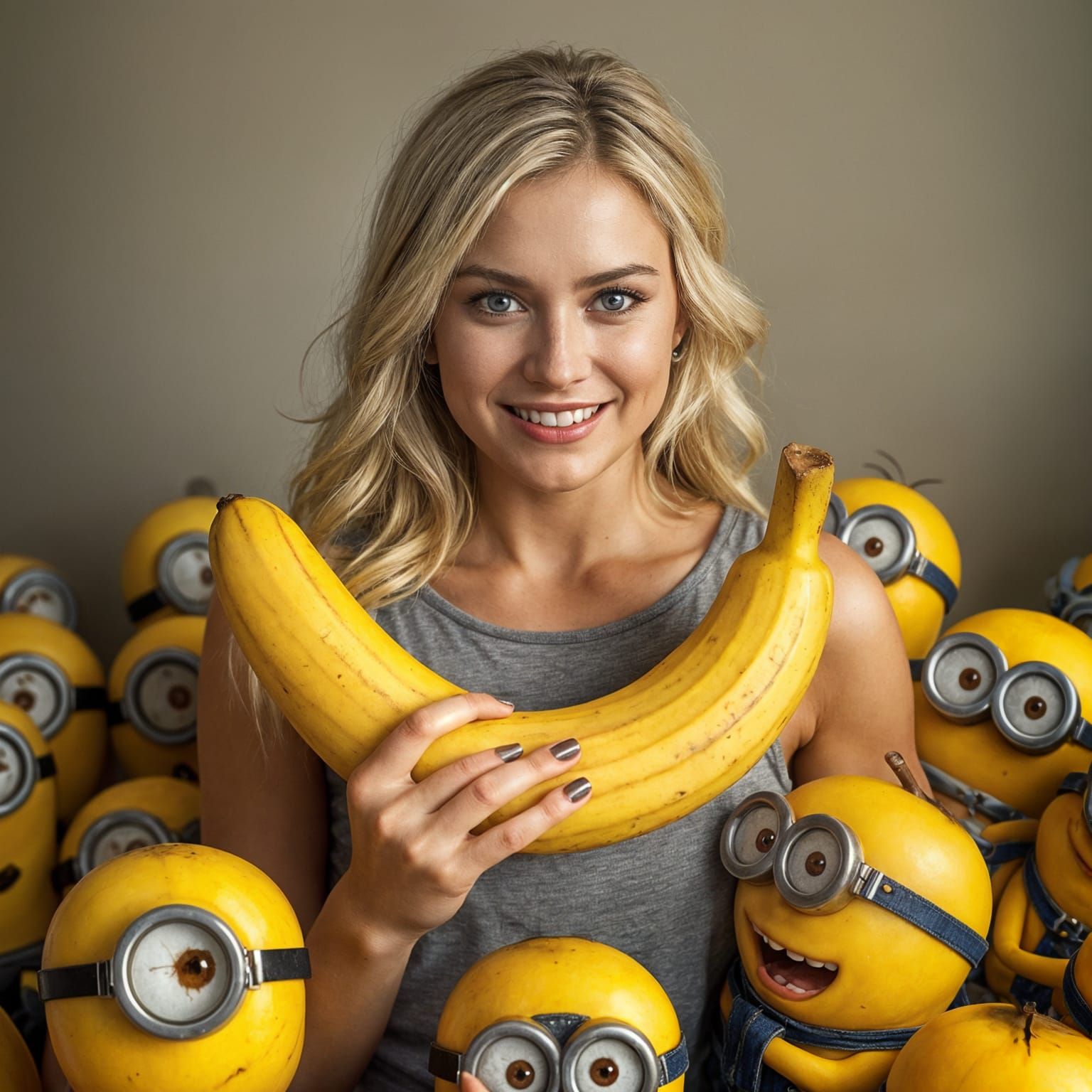 Blonde Woman with Banana Surrounded by Minions