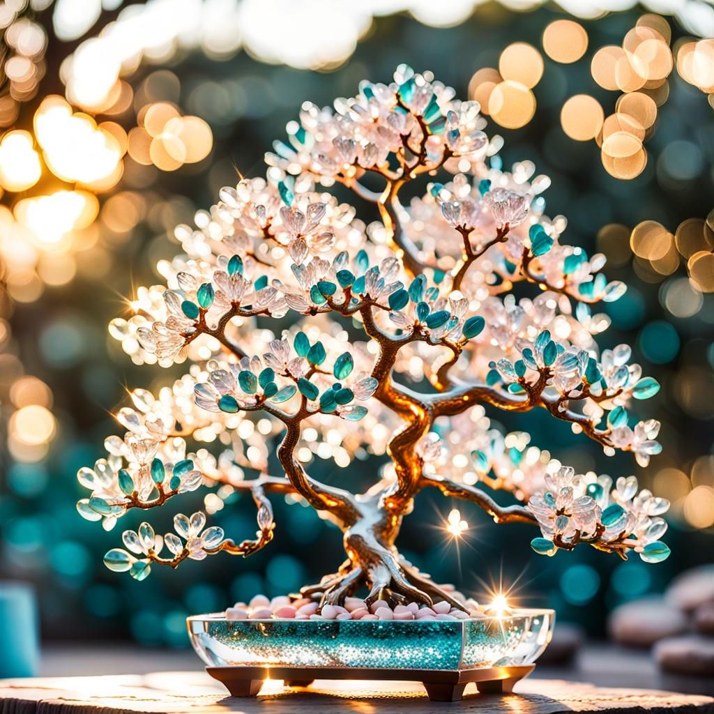 Crystal Bonsai Fig Tree Sculpture in Turquoise and Pink