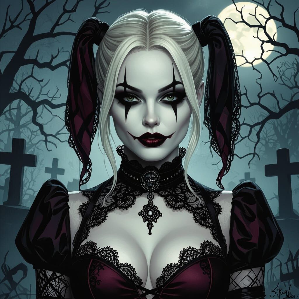 Gothic Halloween Harley Quinn in Spooky Cemetery