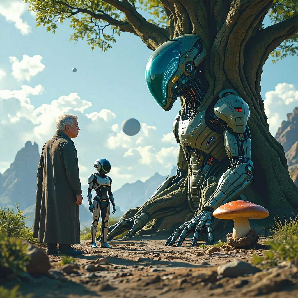 Cyberpunk Plant Cyborgs Discussing on Alien Planet