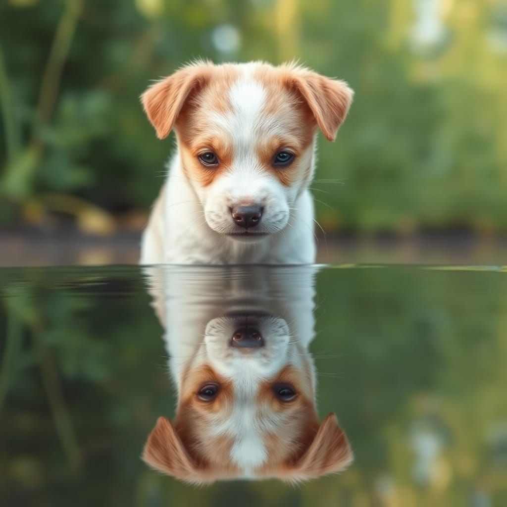 Puppy Contemplates Her Water Reflection