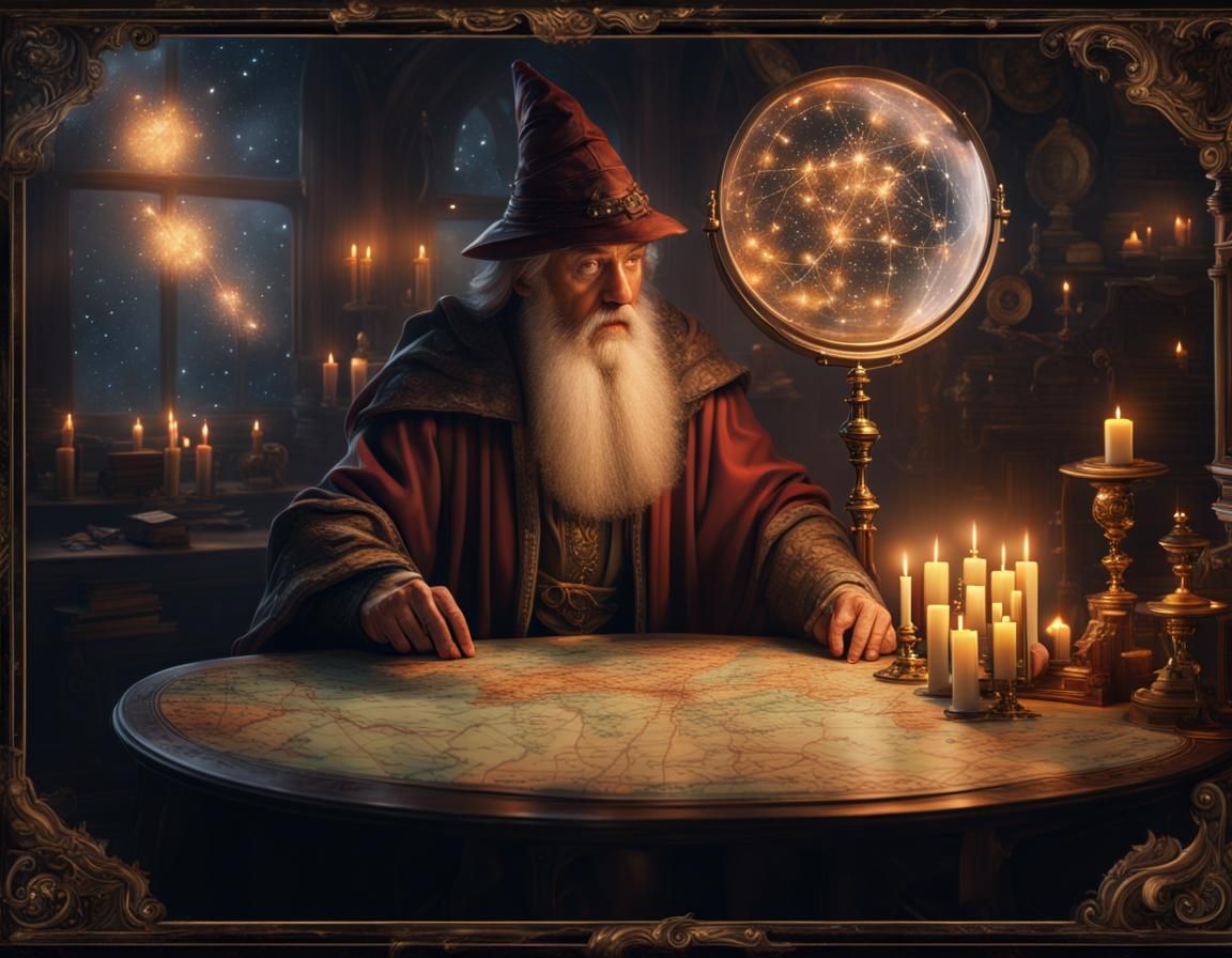 Wizard Reads Constellation Map by Telescope