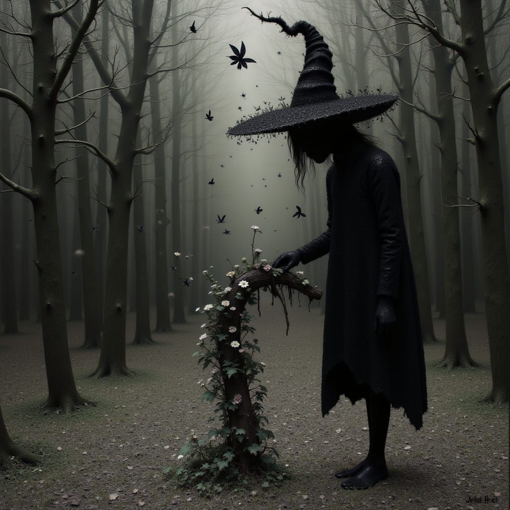 Mysterious Witch Emerges from the Shadows in the Woods