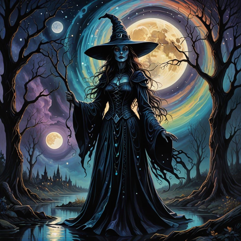 Ethereal Witch in Dream Realm with Reflective Art Style