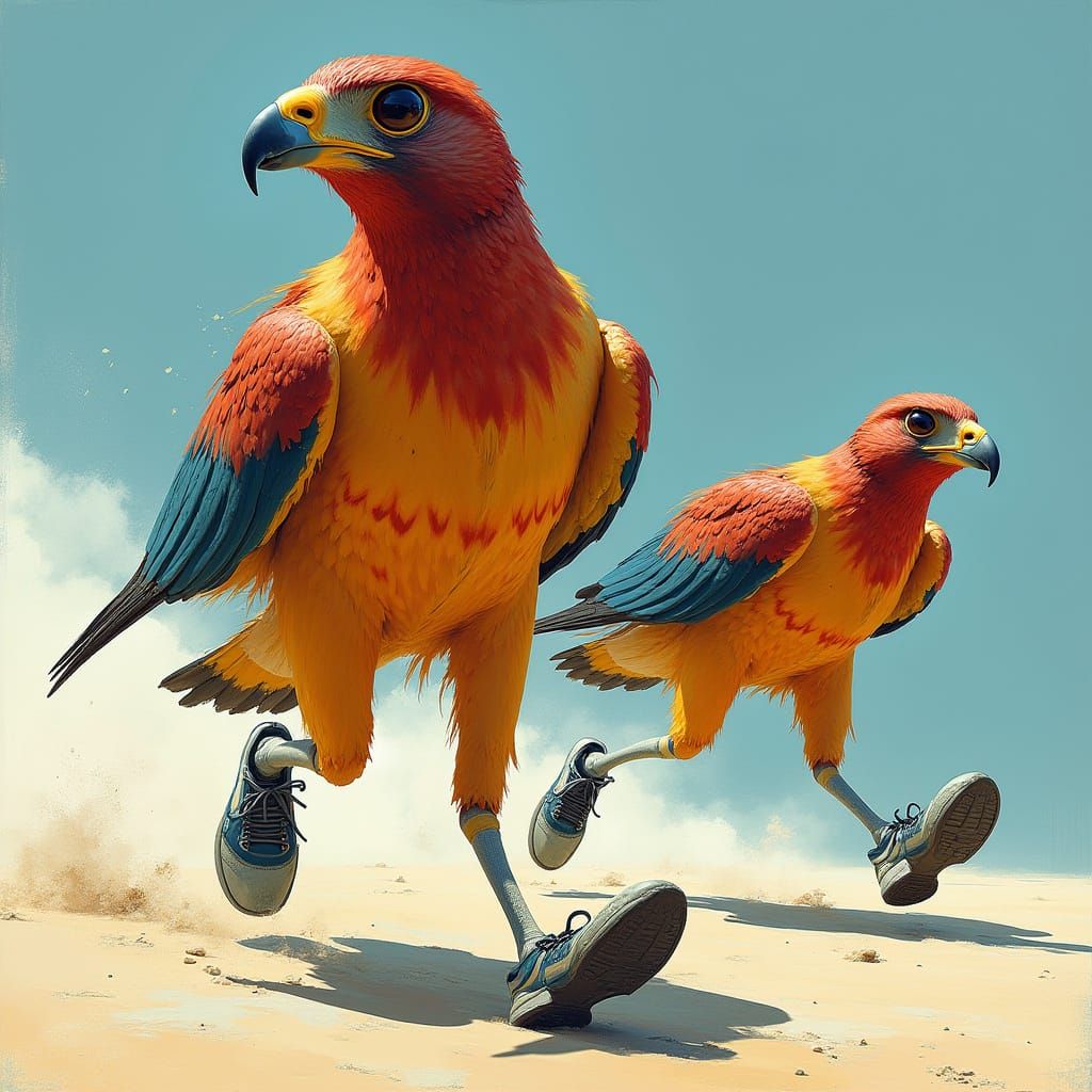 Falcons with Human Legs Sprinting, in Vibrant Style