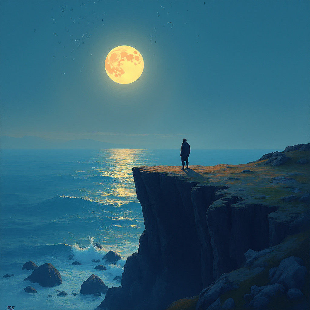 Contemplative Figure at Cliff Edge Under Moonlight