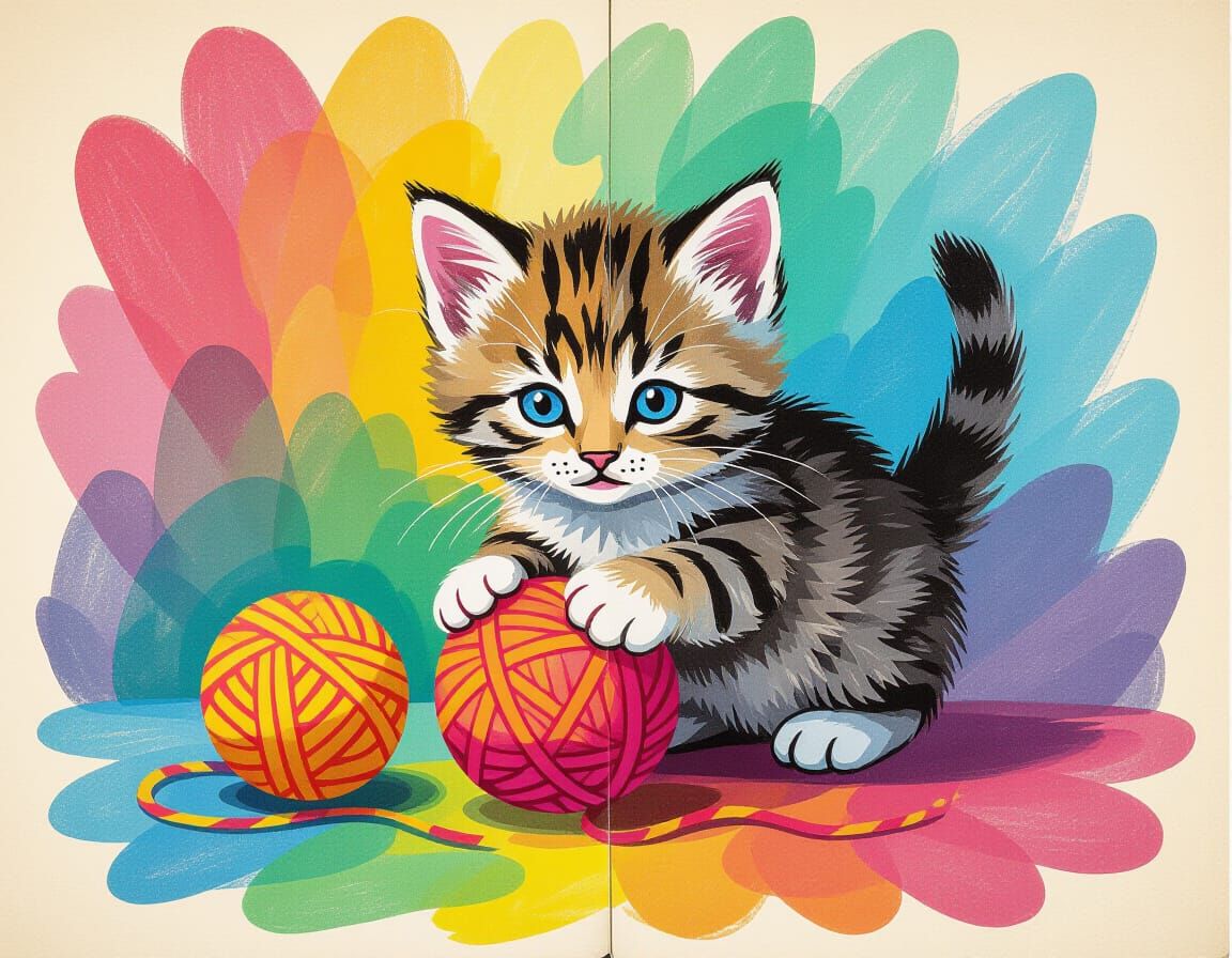 Playful Kitten with Yarn in Chalk Stroke Style