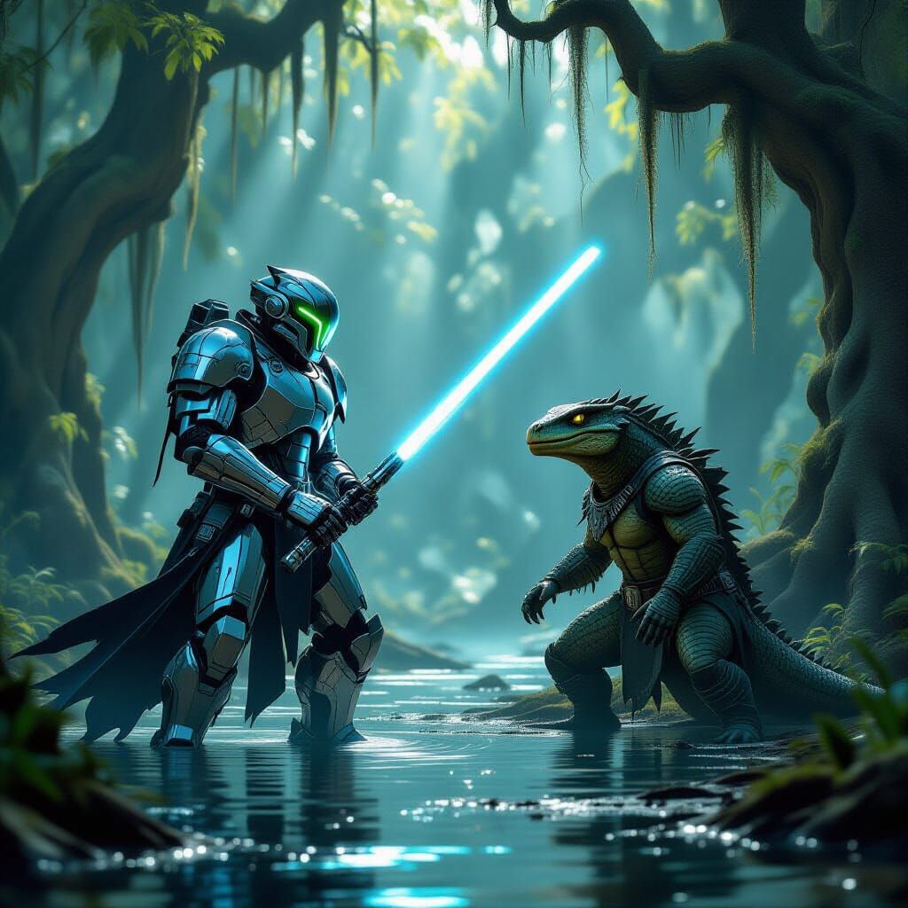 Robot Warrior vs Lizardfolk in Misty Swamp, Cinematic Style