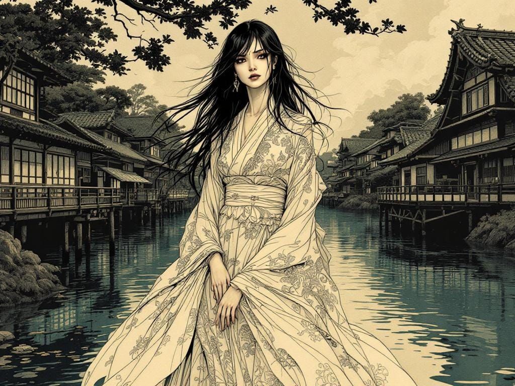 Gothic Japanese Woman in Sepia Twilight, Crosshatching Style