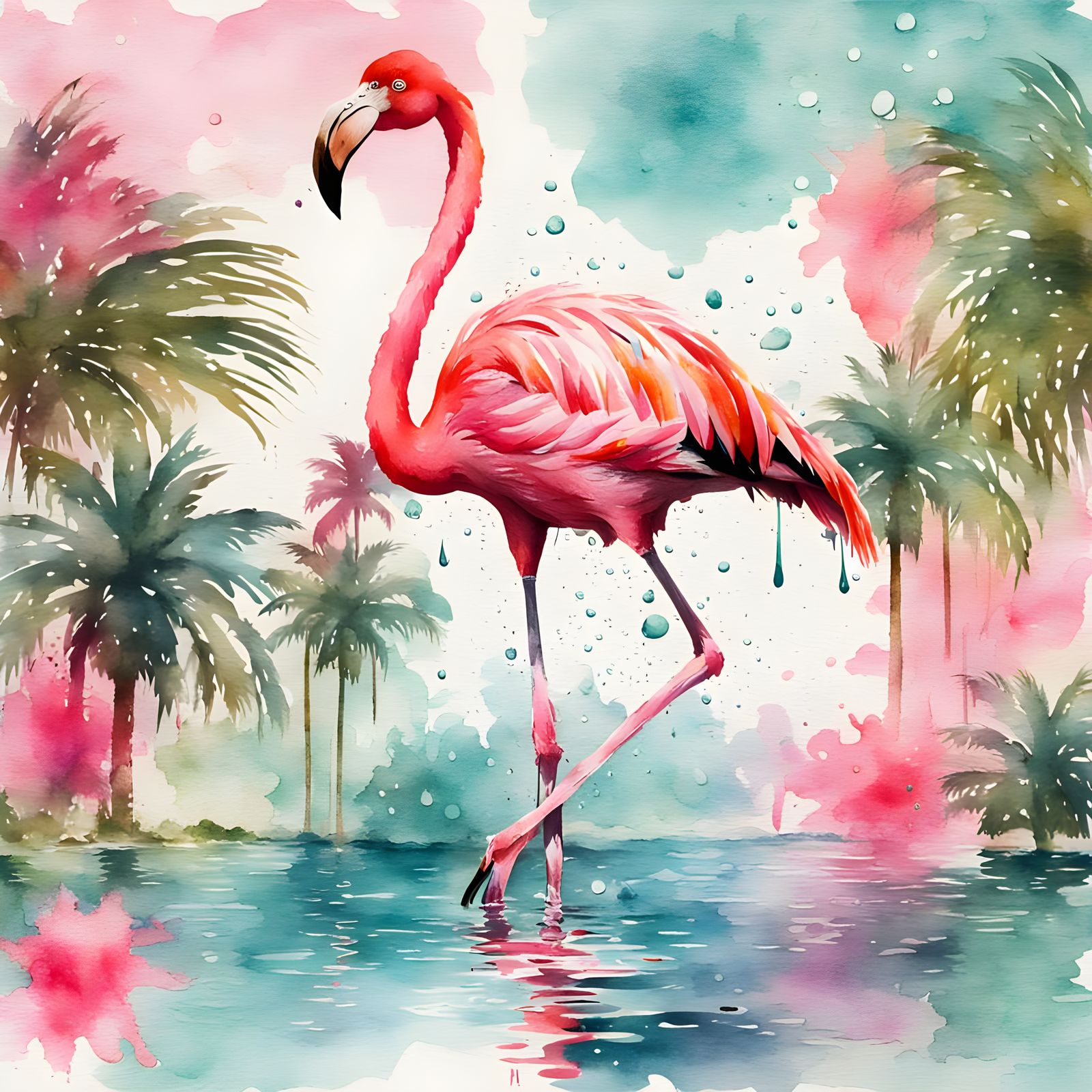 Pink Flamingo in Watercolor with Vintage Vibe