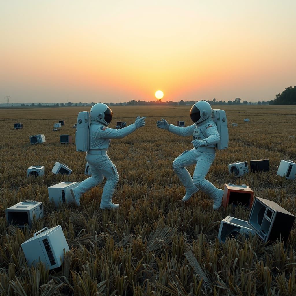 Astronauts Dancing in Surreal Hay Field