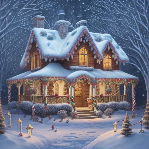 A fantastically detailed gingerbread house in a snowy winter...
