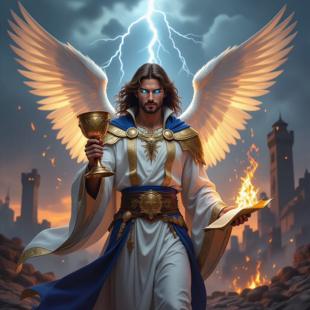 Photograph depicting a powerful, angelic figure with a comma...