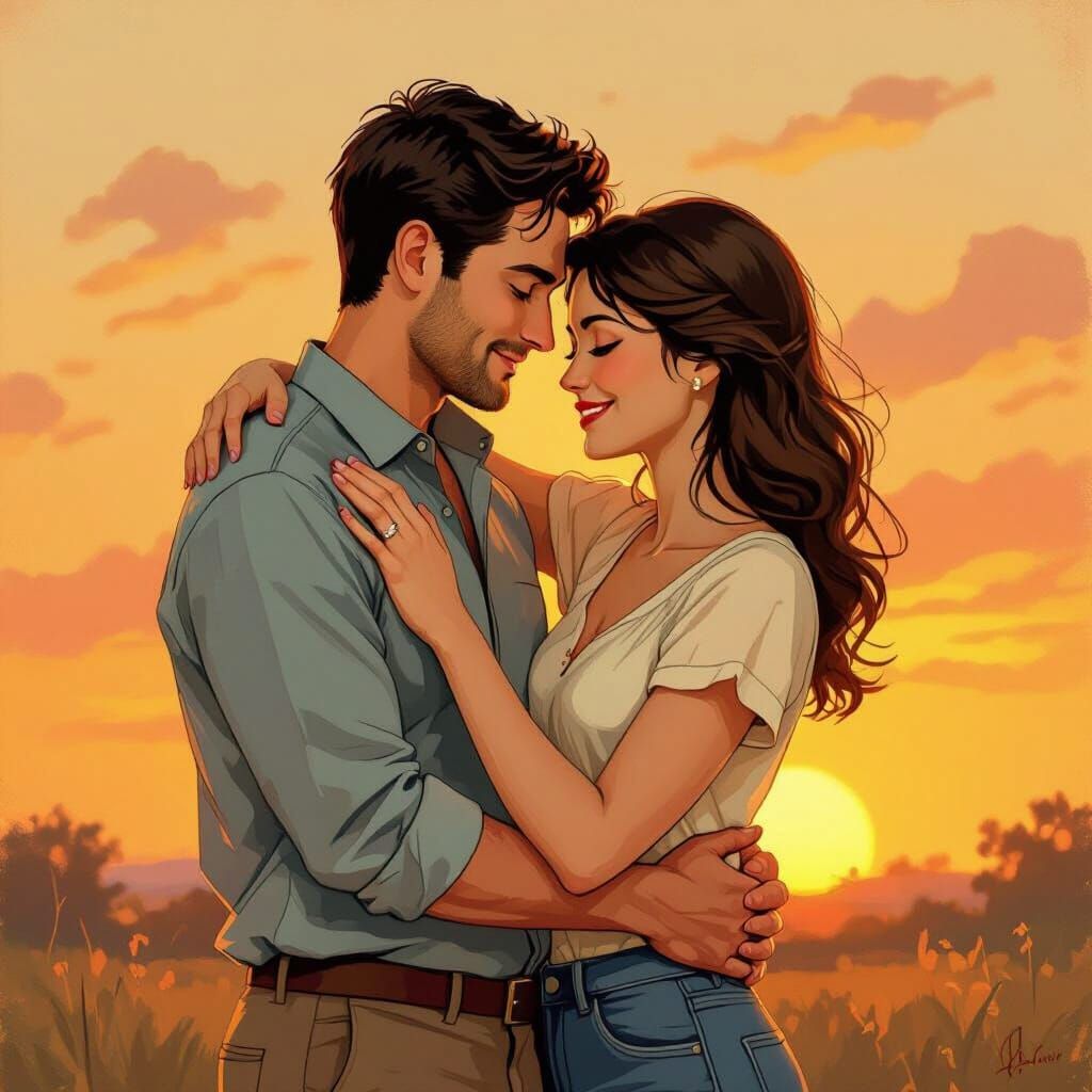 Romantic Embrace at Sunset: Rockwell-esque Illustration